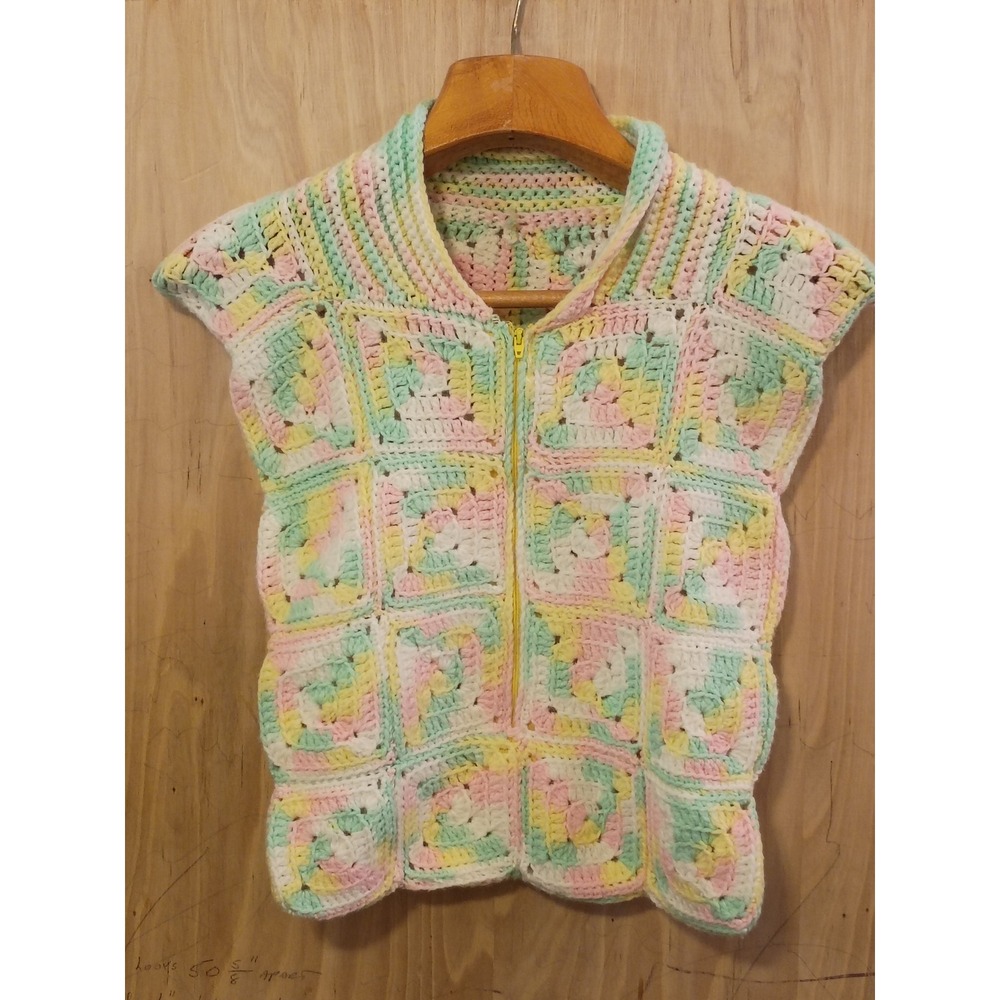 Handmade Kids Crochet Granny Square Vest Pastel Rainbow Zip Up Sleep sack.